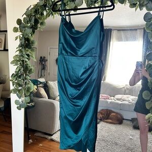 Satin Teal Cowl Neck Midi Slip Dress - Women